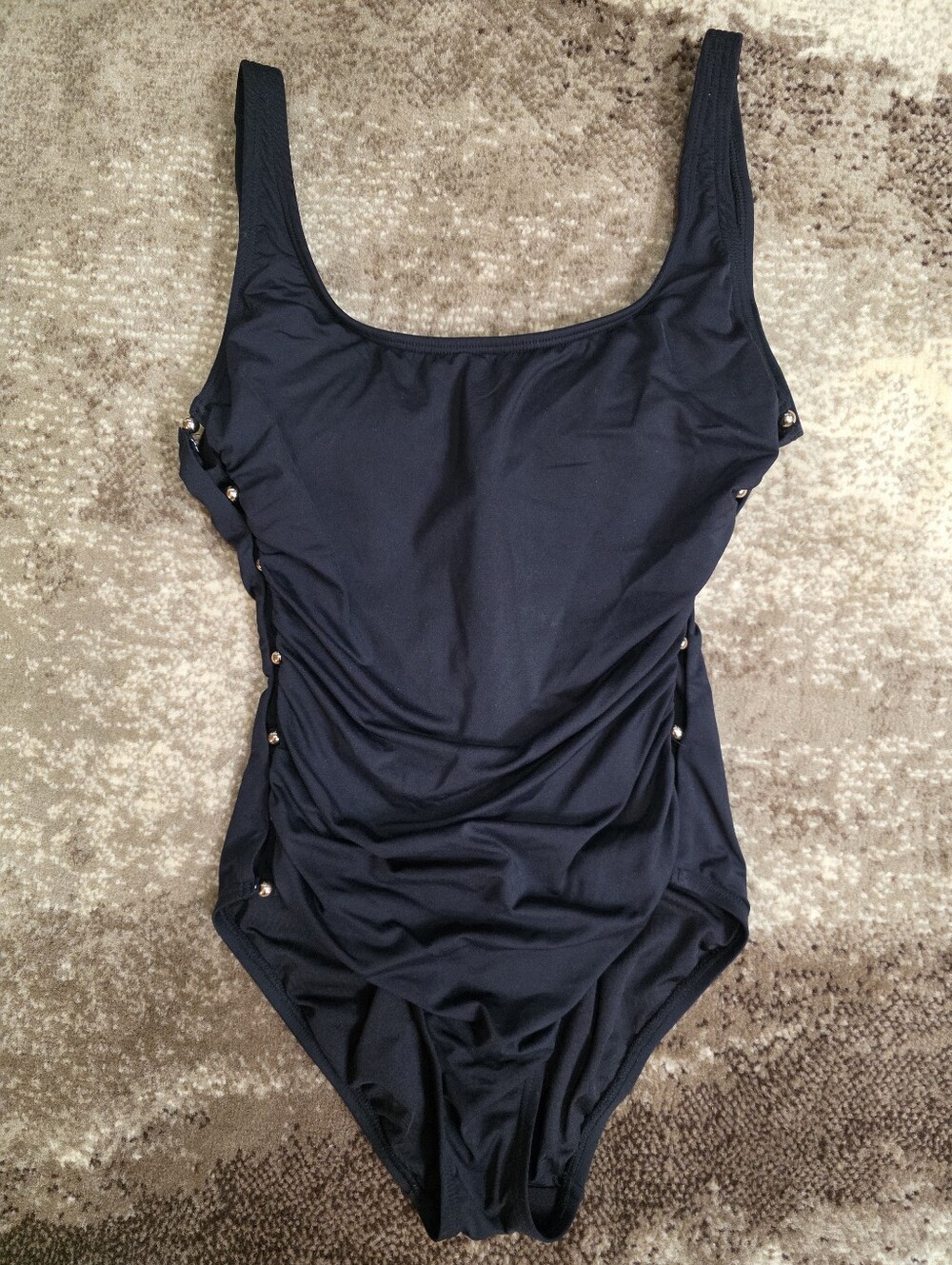 Carmen Marc Valvo Black One-Piece Swimsuit with Gold-Tone Studs